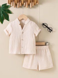 Дитячий мусліновий костюм "Monoton without pockets" сорочка та шорти 74 см (6-9 місяців) беж 3053230094 фото
