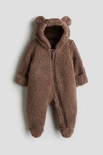 Плюшевий дитячий комбінезон Teddy H&M із капюшоном та вушками для прогулянок 68 см (3-6місяців), шоколад 1230866007 фото