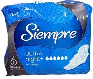 Гігієнічні прокладки Siempre Ultra Night+ 6 крапель, 10 шт 2308917842 фото